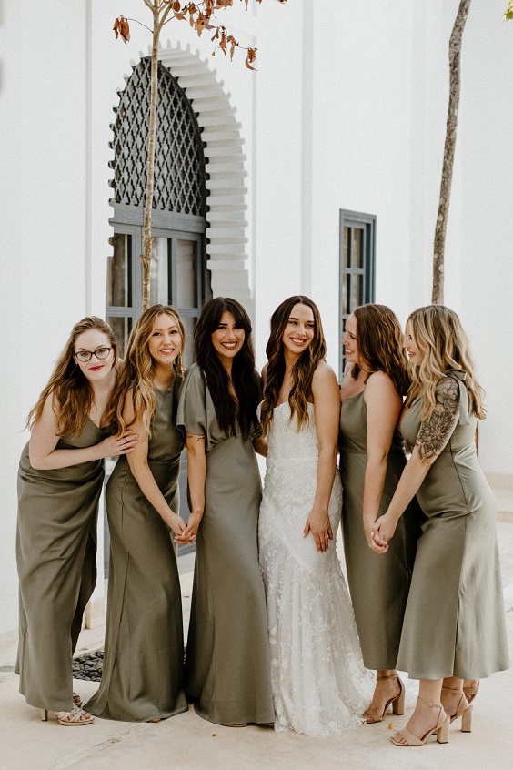 olive green bridesmaid dresses white bridal gown for destination wedding colors 2024 olive green and tan