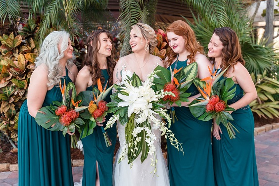 teal bridesmaid dresses white bridal gown copper flower and greenery bouquet for destination wedding colors 2024 teal red and copper