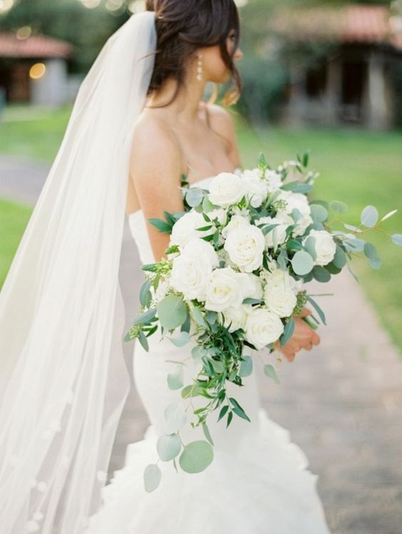 White and Greenery Wedding Color Palettes 2024, White Bridal Gown, White and Greenery Wedding Bouquets