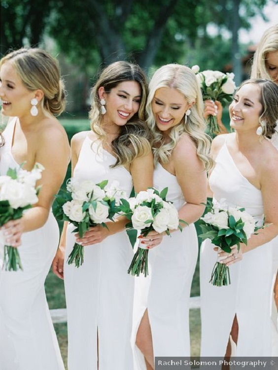 White and Greenery Wedding Color Palettes 2024, White Bridesmaid Dresses, White and Greenery Wedding Bouquets