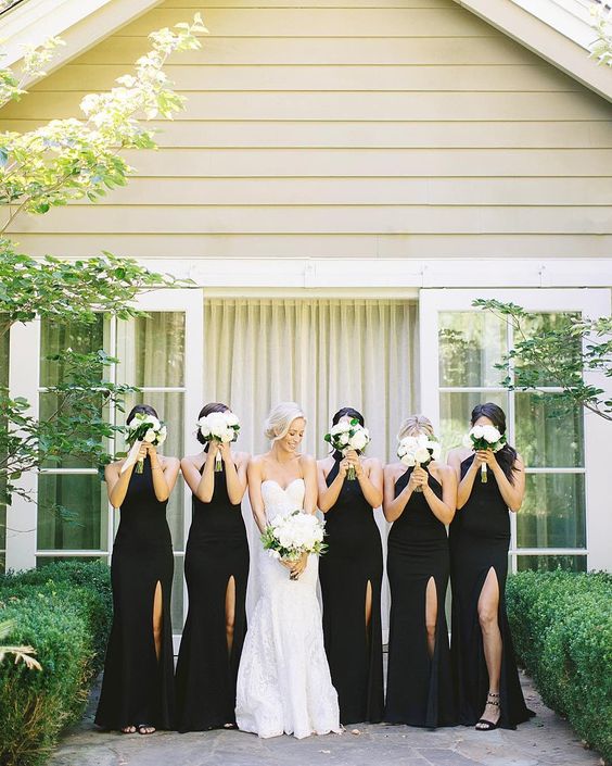 White and Black Wedding Color Palettes 2024, Black Bridesmaid Dresses, White Bridal Gown
