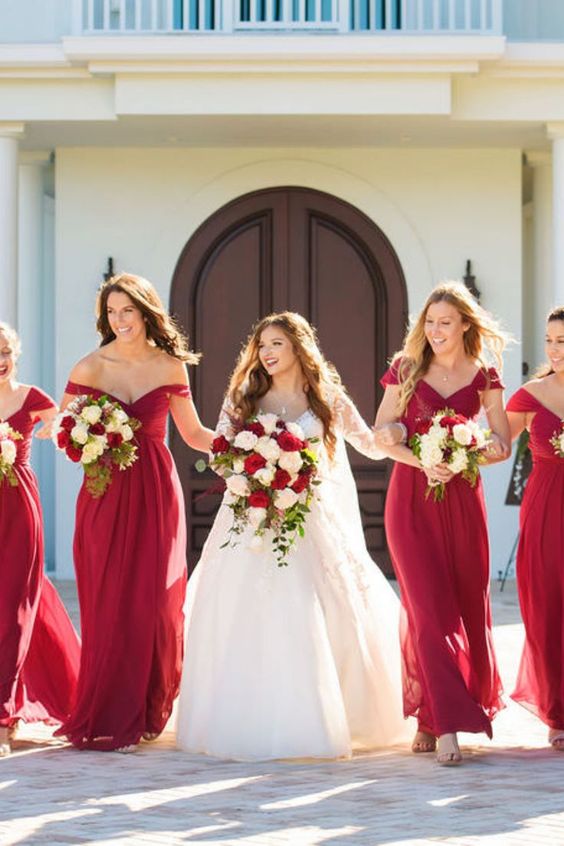 White and Dark Red Wedding Color Palettes 2024, Dark Red Bridesmaid Dresses, White Bridal Gown