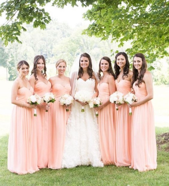White and Peach Wedding Color Palettes 2024, Peach Bridesmaid Dresses, White Bridal Gown