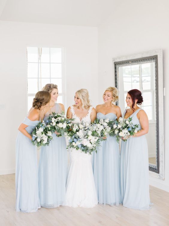 White and Light Blue Wedding Color Palettes 2024, Light Blue Bridesmaid Dresses, White Bridal Gown