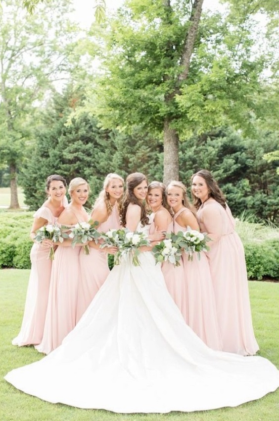 White and Blush Pink Wedding Color Palettes 2024, Blush Bridesmaid Dresses, White Bridal Gown