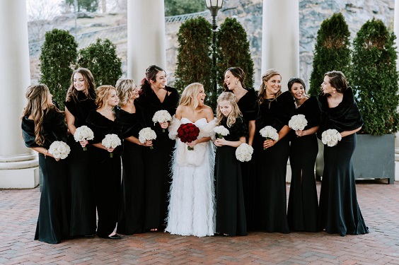 Black, Red and White Wedding Color Ideas 2024, Black Bridesmaid Dresses and Red Wedding Bouquets