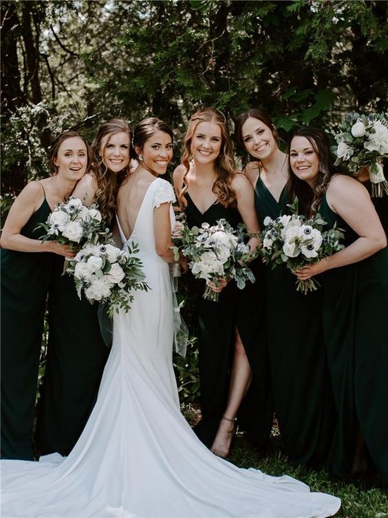 Black, Hunter Green and White Wedding Color Ideas 2024, Hunter Green Bridesmaid Dresses and Wedding Shoes