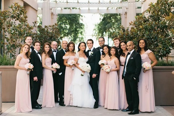 Black, Blush and White Wedding Color Ideas 2024, Blush Bridesmaid Dresses and Black Groomsmen Suits