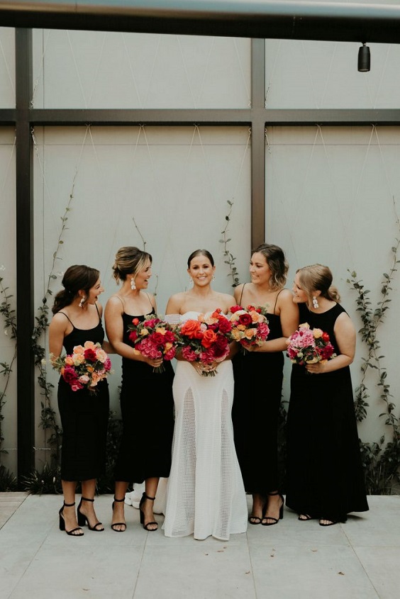 pink bouquets and black bridesmaid dresses for 8 black wedding color ideas 2024 pink black white