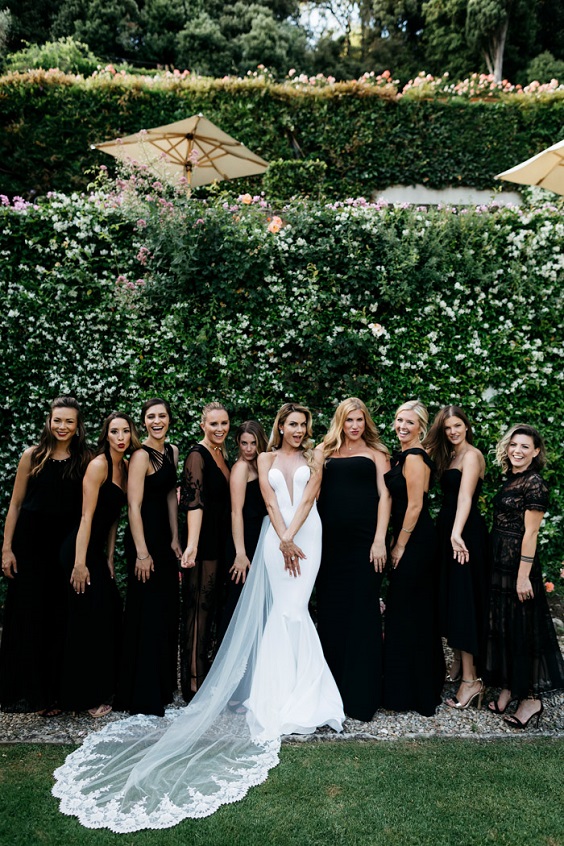 Black, Green and White Wedding Color Ideas 2024, Black Bridesmaid Dresses and Greenery Backdrop