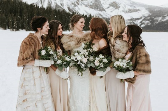 Brown + Beige + Green Winter Wedding Color Ideas 2024, Beige Bridesmaid Dresses and Brown Faux Fur Wraps