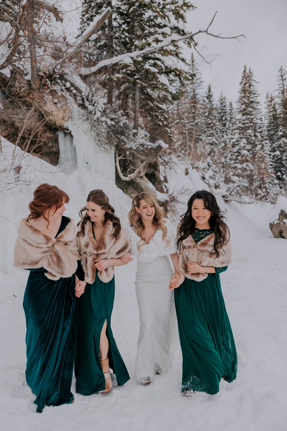 Champagne + Hunter Green + Brown Winter Wedding Color Ideas 2024, Hunter Green Bridesmaid Dresses and Champagne Wedding Shoes