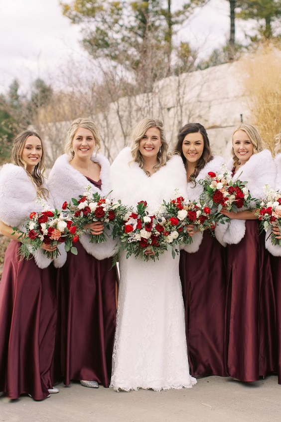 Sage Green + Burgundy + Dusty Rose Winter Wedding Color Ideas 2024, Burgundy Bridesmaid Dresses and Dusty Rose Tablecloth