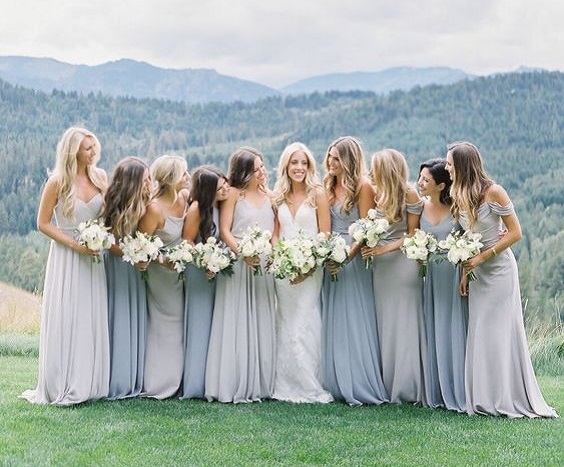 Dusty Blue and Silver Wedding Color Combos 2024, Mismatched Dusty Blue and Silver Bridesmaid Dresses, Silver Grey Table Runners