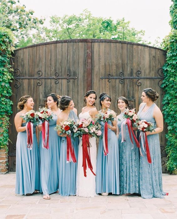 Dusty Blue and Burgundy Wedding Color Combos 2024, Dusty Blue Bridesmaid Dresses, Burgundy Wedding Bouquets