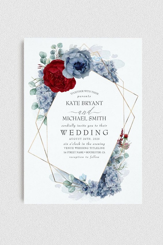 Wedding Invitations for Dusty Blue and Burgundy Wedding Color Combos 2024