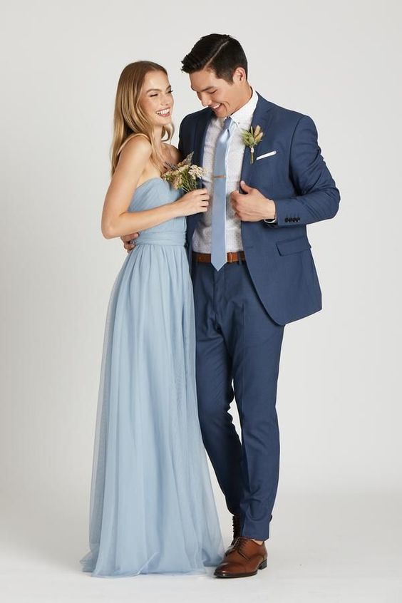 Dusty Blue and Navy Blue Wedding Color Combos 2024, Dusty Blue Bridesmaid Dresses, Navy Blue Groom Suit
