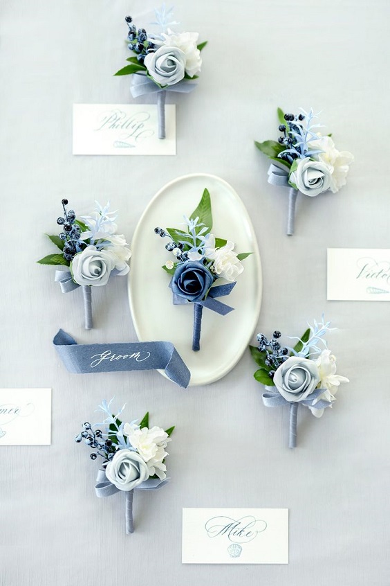 Wedding Corsages for Dusty Blue and Navy Blue Wedding Color Combos 2024