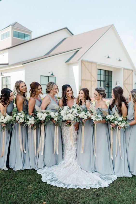 Dusty Blue and Gold Wedding Color Combos 2024, Dusty Blue Bridesmaid Dresses, Gold Bridal Shoes