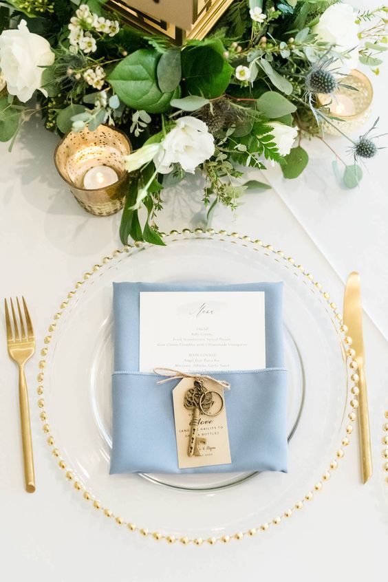 Wedding Table Decorations for Dusty Blue and Gold Wedding Color Combos 2024