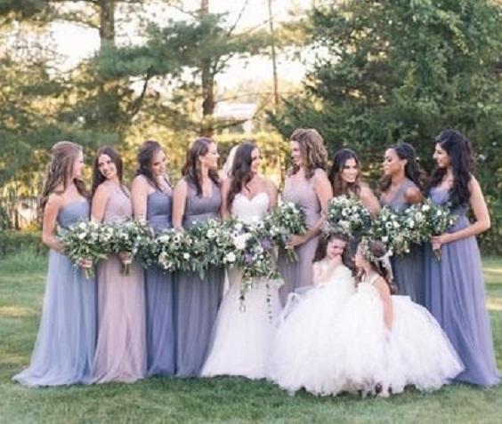 Dusty Blue and Lavender Wedding Color Combos 2024, Mismatched Dusty Blue and Lavender Bridesmaid Dresses, White Bridal Gown