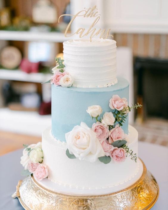 Wedding Cake Deocrations for Dusty Blue and Blush Wedding Color Combos 2024