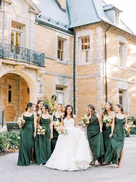 dark green bridesmaid dresses white bridal gown for september wedding colors 2024 dark green and blush
