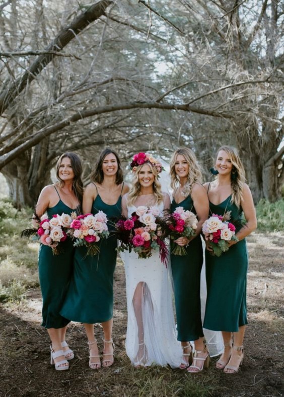 Hot Pink + Teal + Maroon Jewel Tones Wedding Color Ideas 2024, Teal Bridesmaid Dresses and Hot Pink Wedding Bouquet