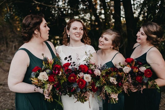 Red + Emerald Green + Wine Jewel Tones Wedding Color Ideas 2024, Emerald Green Bridesmaid Dresses and Red Wedding Bouquet