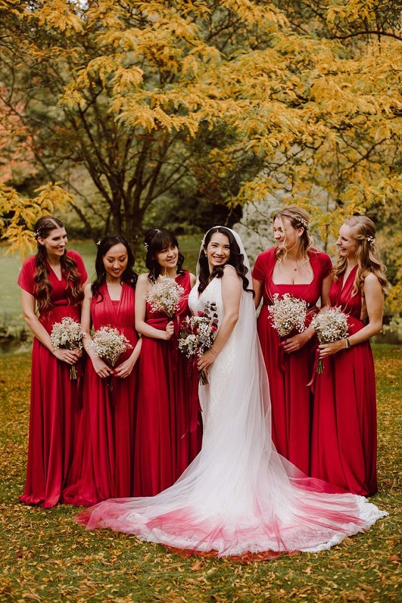 hot red bridesmaid dresses white bridal gown for september wedding colors 2024 hot red and white