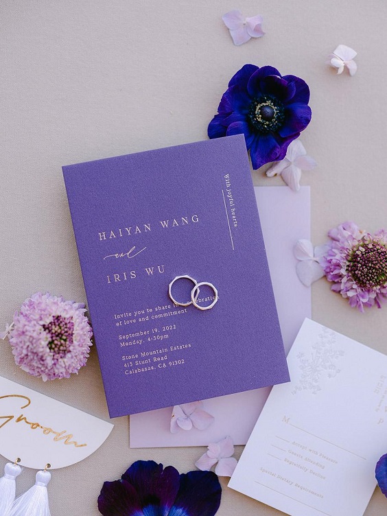 dark purple wedding invitation cover for september wedding colors 2024 shades of purple