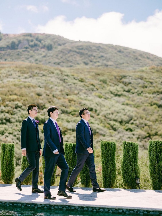 navy groomsmen suits purple ties for september wedding colors 2024 shades of purple
