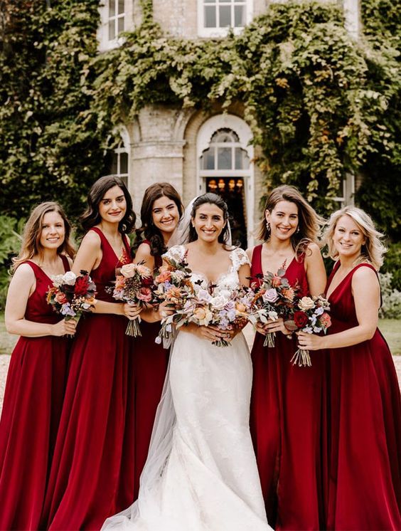 Sage + Ruby Reds + Grey Jewel Tones Wedding Color Ideas 2024, Red Bridesmaid Dresses and Sage Green Wedding Cake