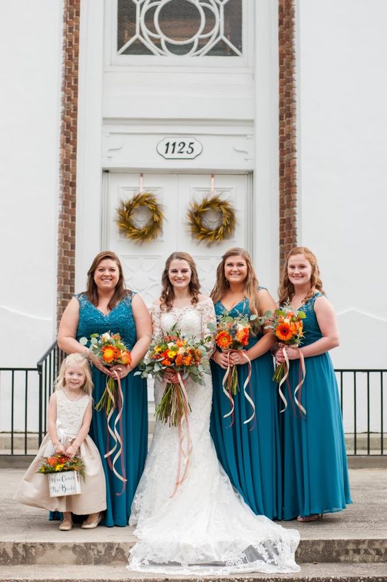 teal bridesmaid dresses orange flower wedding bouquet for september wedding colors 2024 teal and orange