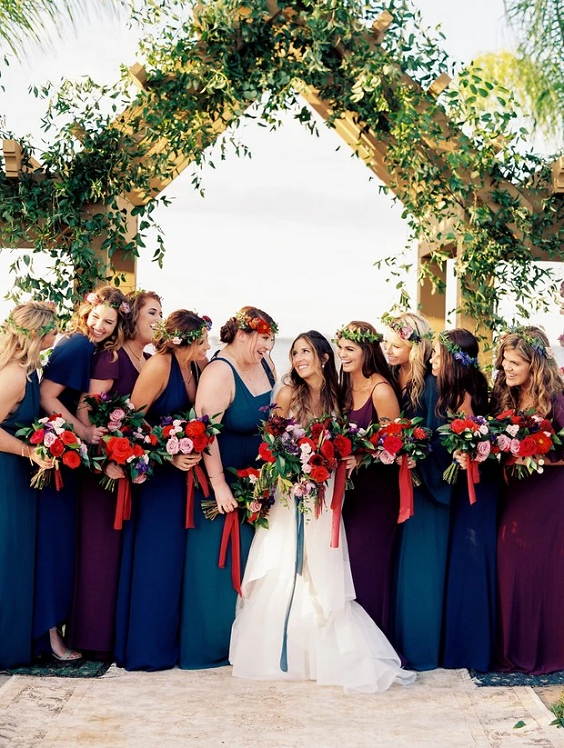Purple + Navy Blue + Red Jewel Tones Wedding Color Ideas 2024, Navy Blue and Purple Bridesmaid Dresses
