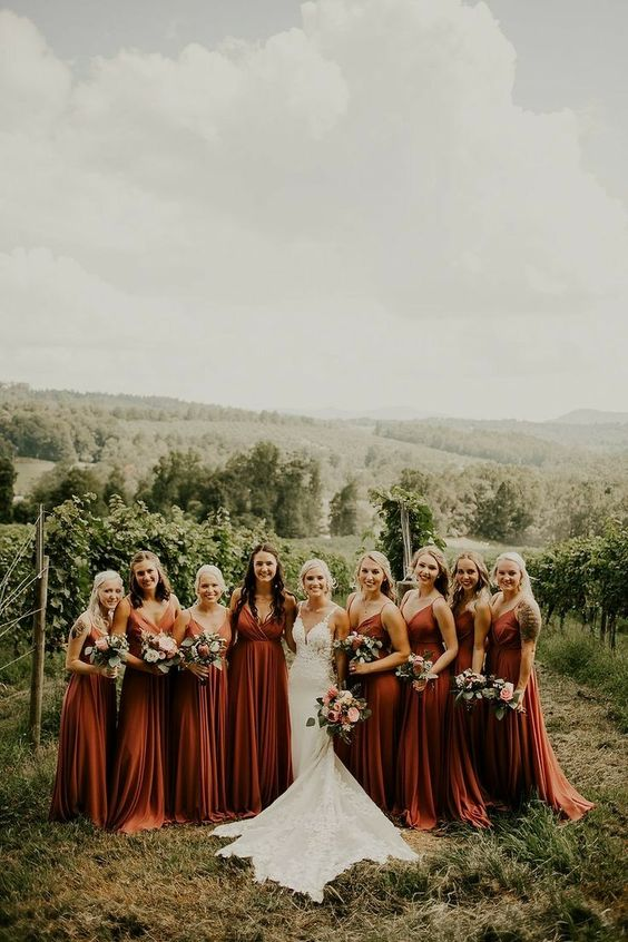 rust bridesmaid dresses white bridal gown for september wedding colors 2024 copper rust and gold