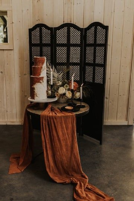 Wedding Cake Rust Table Runners for Rust and Black October Wedding Color Palettes 2024