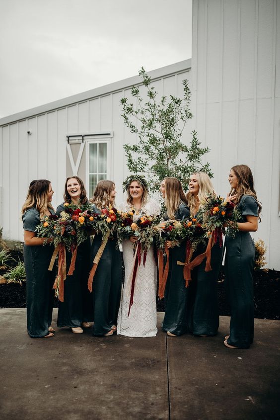 Rust and Teal October Wedding Color Palettes 2024, Teal Bridesmaid Dresses, Rust Wedding Bouquets