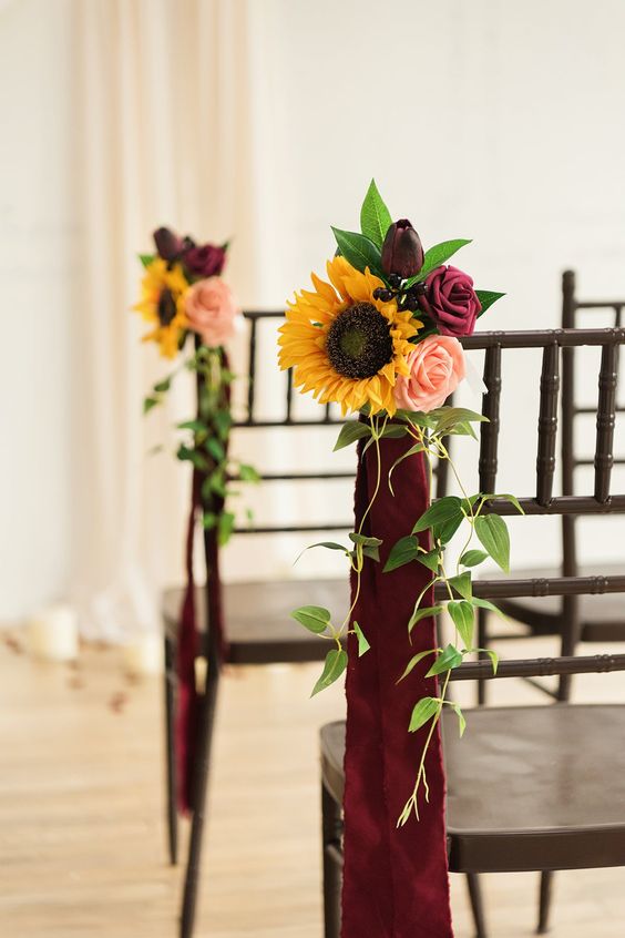 Burgundy and Yellow Aisle Markers for Yellow and Burgundy October Wedding Color Palettes 2024