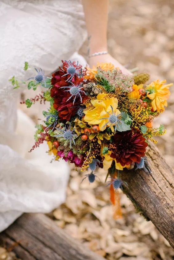 Burgundy and Yellow Bouquets for Yellow and Burgundy October Wedding Color Palettes 2024