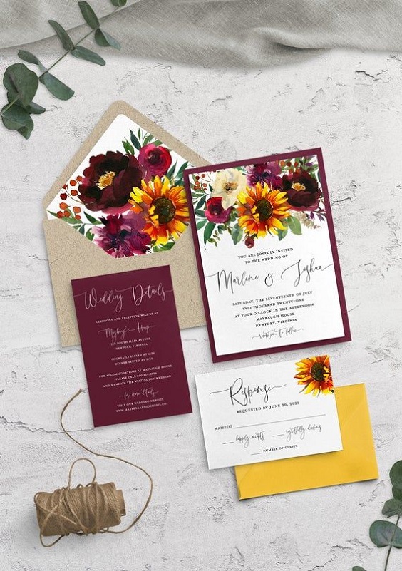 Burgundy and Yellow Wedding Invitations for Yellow and Burgundy October Wedding Color Palettes 2024