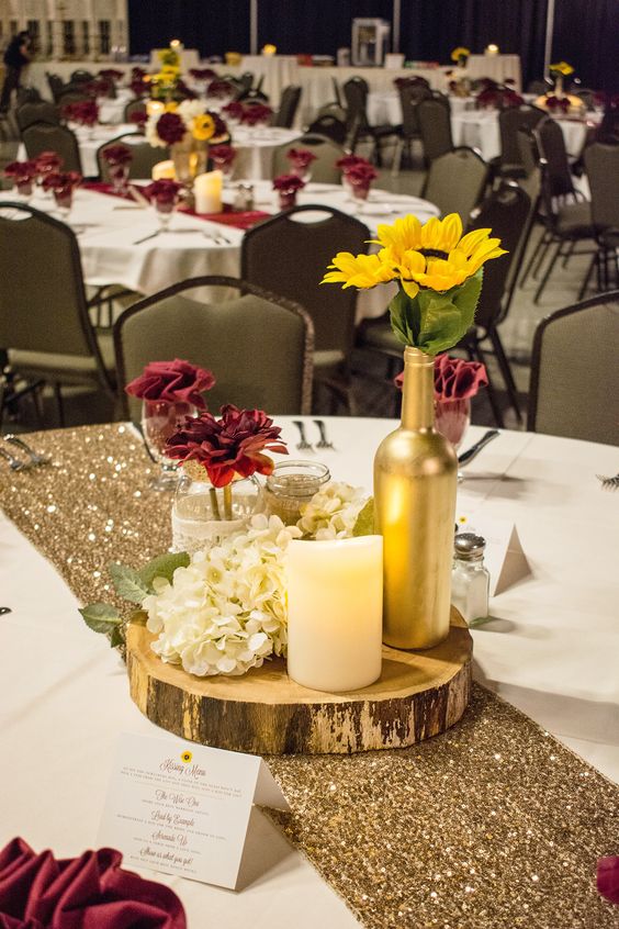 Weddding Table Centerpieces for Yellow and Burgundy October Wedding Color Palettes 2024