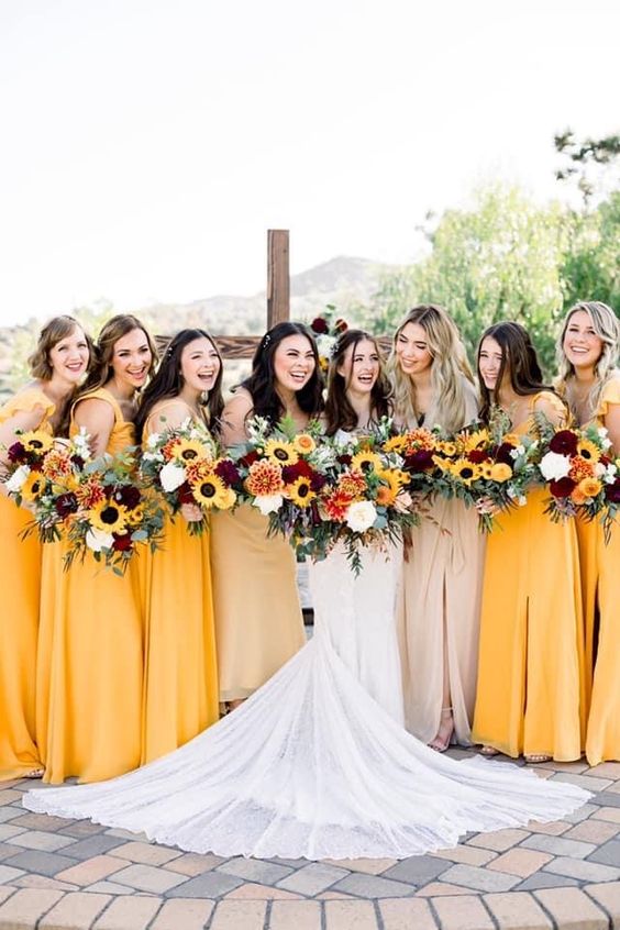 Yellow and Burgundy October Wedding Color Palettes 2024, Yellow Bridesmaid Dresses, Yellow and Burgundy Wedding Bouquets