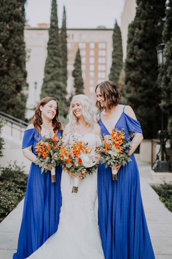 French Blue and Burnt Orange October Wedding Color Palettes 2024, French Blue Bridesmaid Dresses, Burnt Orange Wedding Bouquets