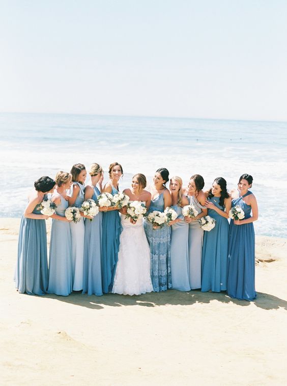 Shades of Blue Beach Wedding Color Combos 2024, Mismatched Bridesmaid Dresses, White and Blue Wedding Bouquets