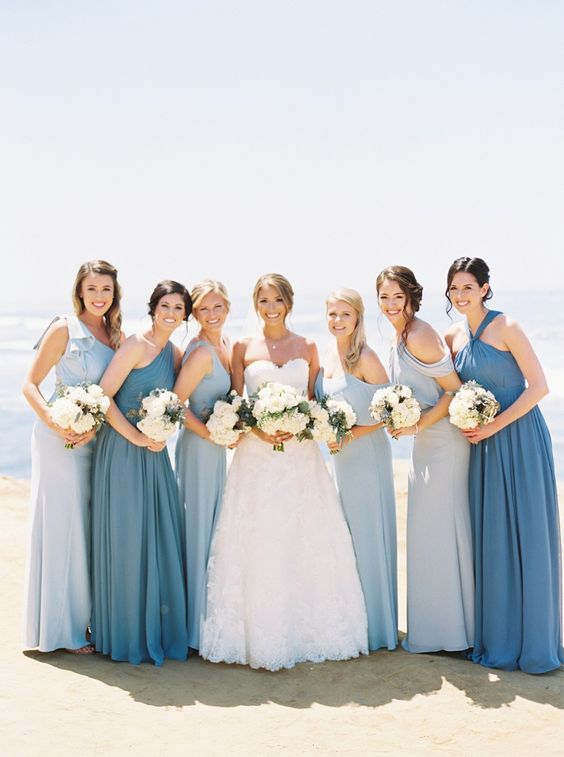 Shades of Blue Beach Wedding Color Combos 2024, Mismatched Bridesmaid Dresses, White and Blue Wedding Bouquets