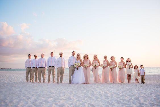 Blush and White Beach Wedding Color Combos 2024, Blush Bridesmaid Dresses, White Bridal Gown