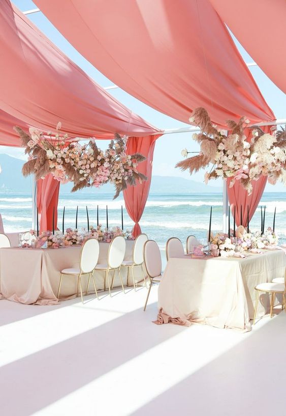Wedding Banquet Decorations for Coral and White Beach Wedding Color Combos 2024