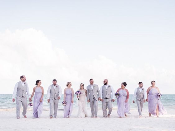 Shades of Purple Beach Wedding Color Combos 2024, Mismatched Purple Bridesmaid Dresses, Light Grey Groom Suit