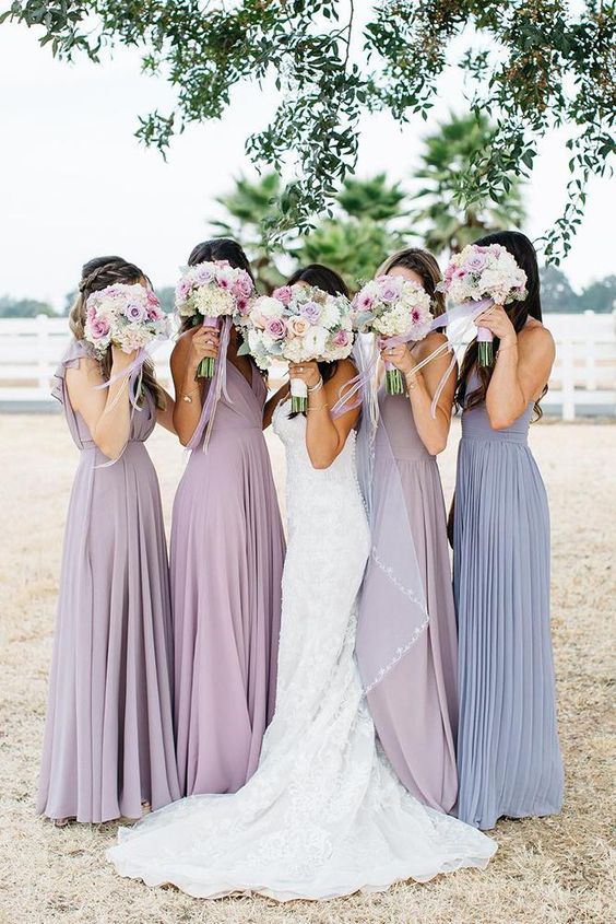 Shades of Purple Beach Wedding Color Combos 2024, Mismatched Purple Bridesmaid Dresses